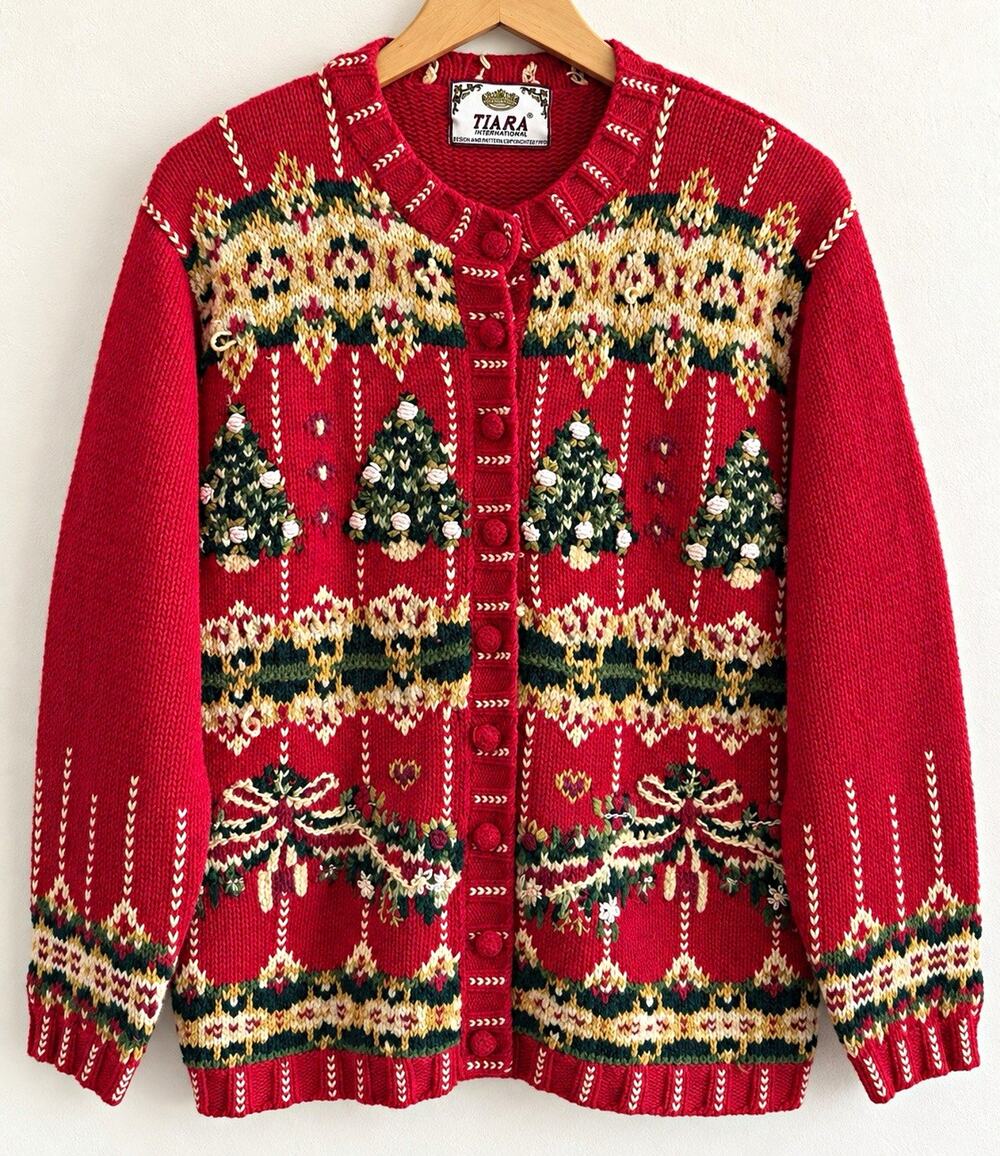 Tiara International Women Cardigan Sweater L Red Knit Button Embroidered Tree 99